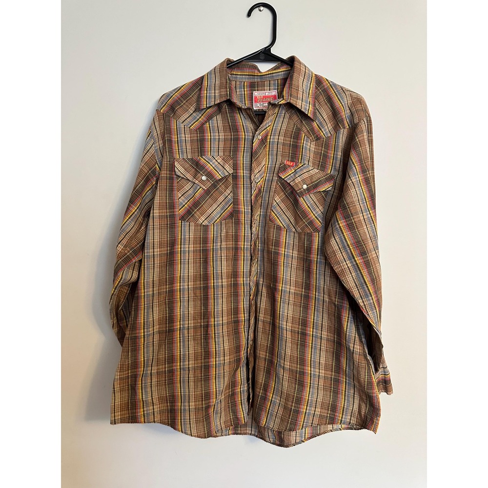 Vintage Ely Plains Western Pearl Snap Shirt Brown Plaid Mens 16.5-33 Long Sleeve